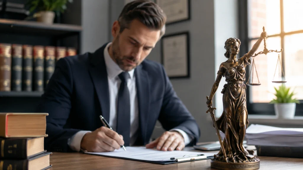 Personal injury lawyer reviewing legal documents beside a Lady Justice statue in a professional law office