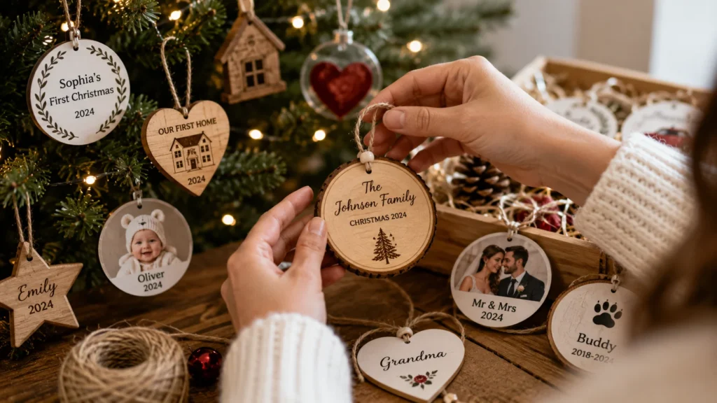 Personalized wooden Christmas ornaments featuring family names, dates, photos, and meaningful memories
