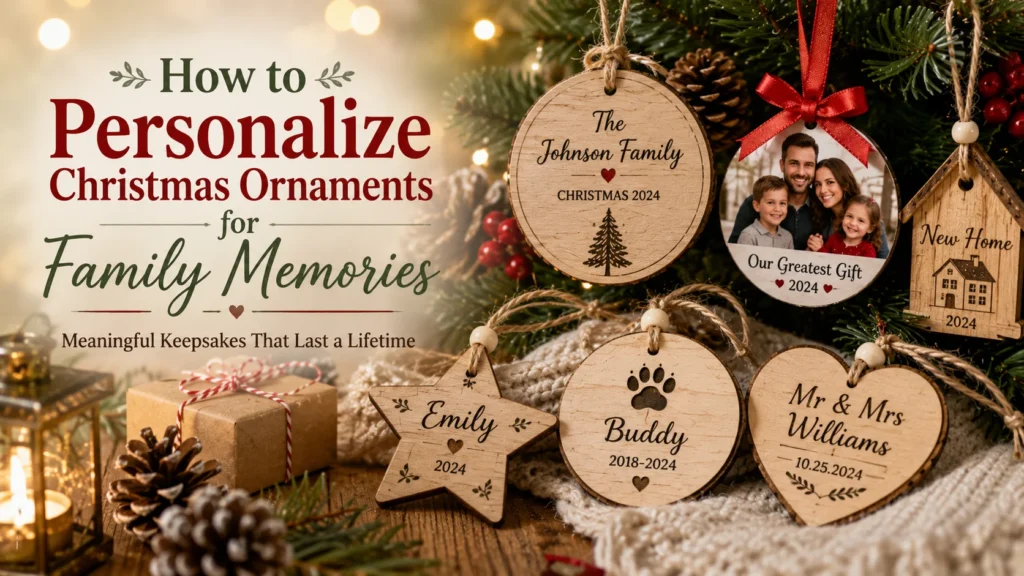 Personalized Christmas ornaments with family names, photos, dates, and meaningful keepsake designs