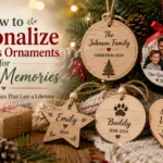 Personalized Christmas ornaments with family names, photos, dates, and meaningful keepsake designs