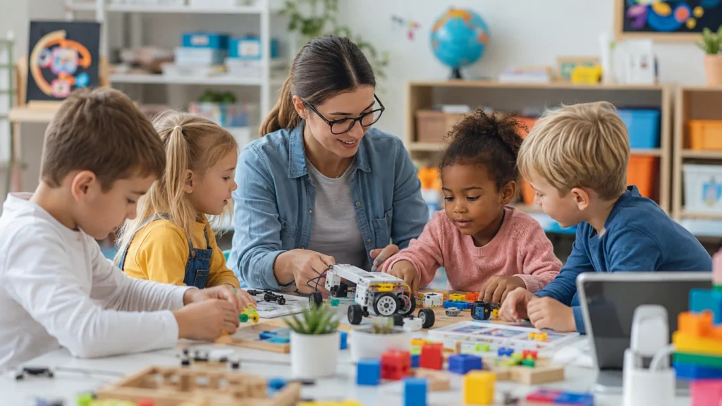 Teacher guiding preschool children in a play-based STEM learning activity using robotics, building blocks, and hands-on educational tools in an early childhood classroom.