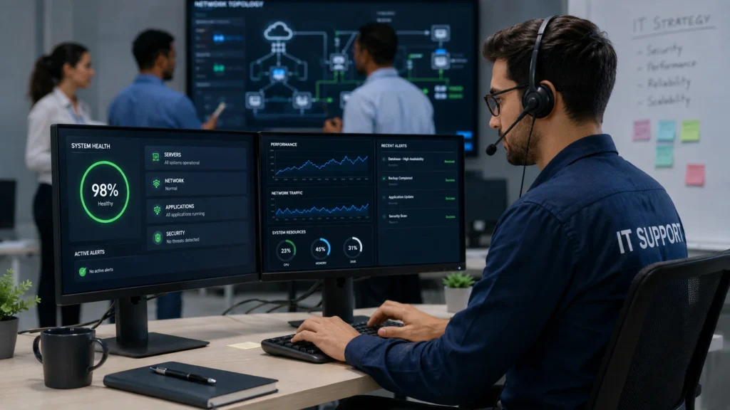 IT support professional monitoring business systems to prevent downtime