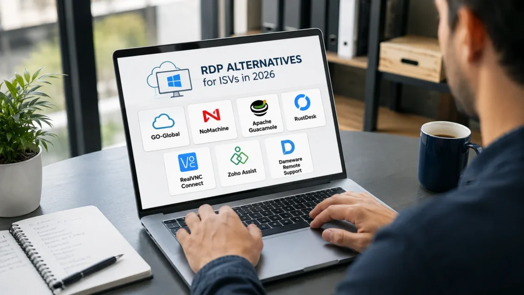 Professional using a laptop to compare the best RDP alternatives for ISVs in 2026, including cloud-based Windows application publishing and remote desktop solutions.