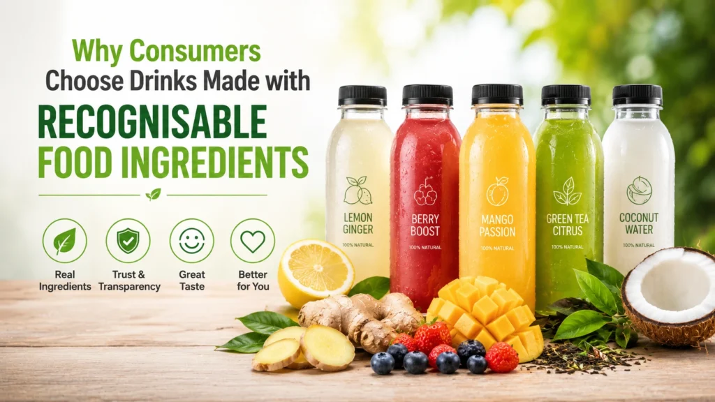 Feature image showing colorful beverages made with recognisable food ingredients such as lemon, ginger, mango, berries, green tea, and coconut, highlighting the growing consumer preference for natural and familiar drink ingredients.