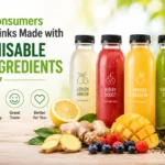Feature image showing colorful beverages made with recognisable food ingredients such as lemon, ginger, mango, berries, green tea, and coconut, highlighting the growing consumer preference for natural and familiar drink ingredients.