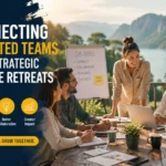 Distributed team collaborating during a strategic corporate retreat in an outdoor setting