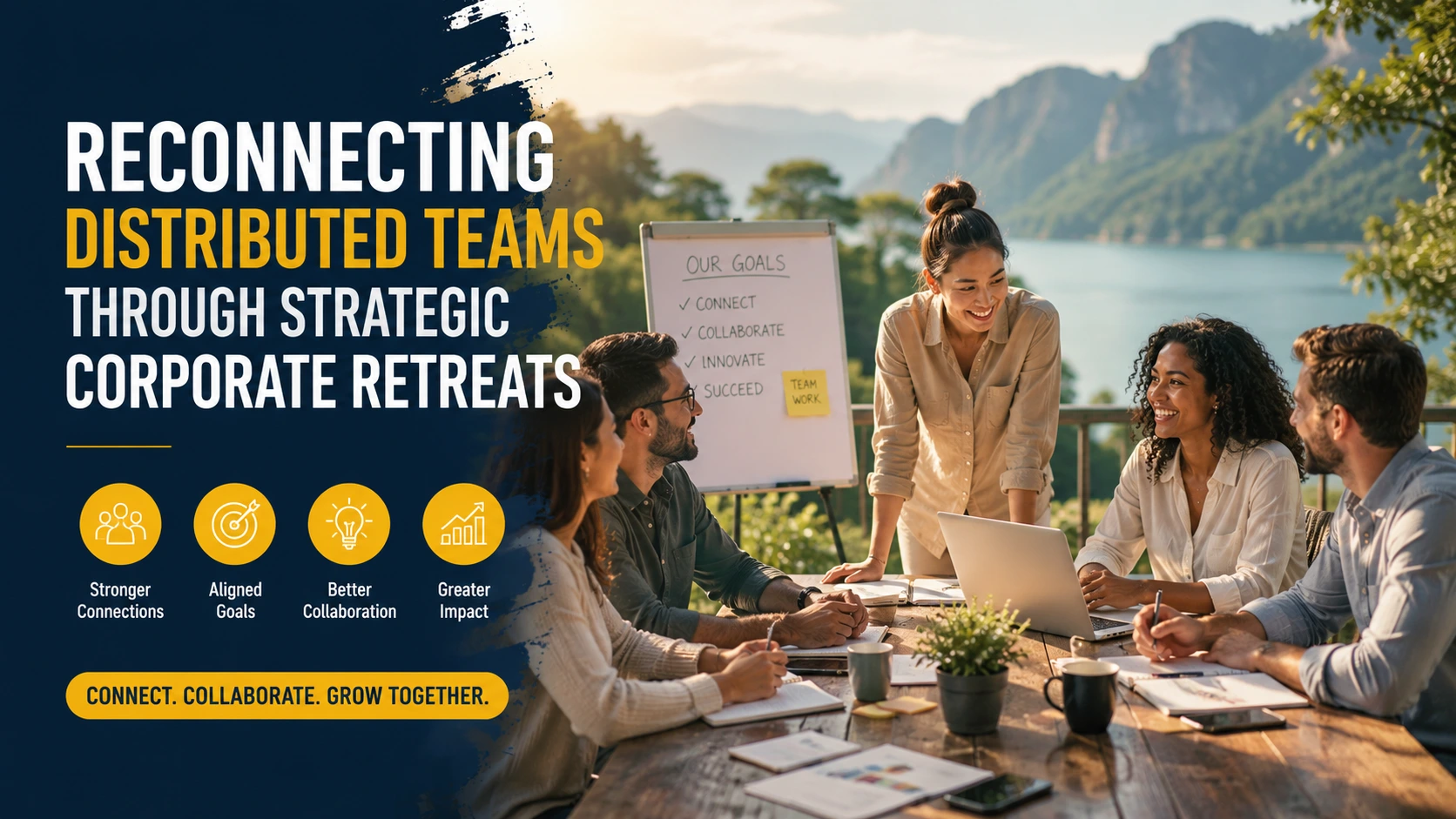 Distributed team collaborating during a strategic corporate retreat in an outdoor setting