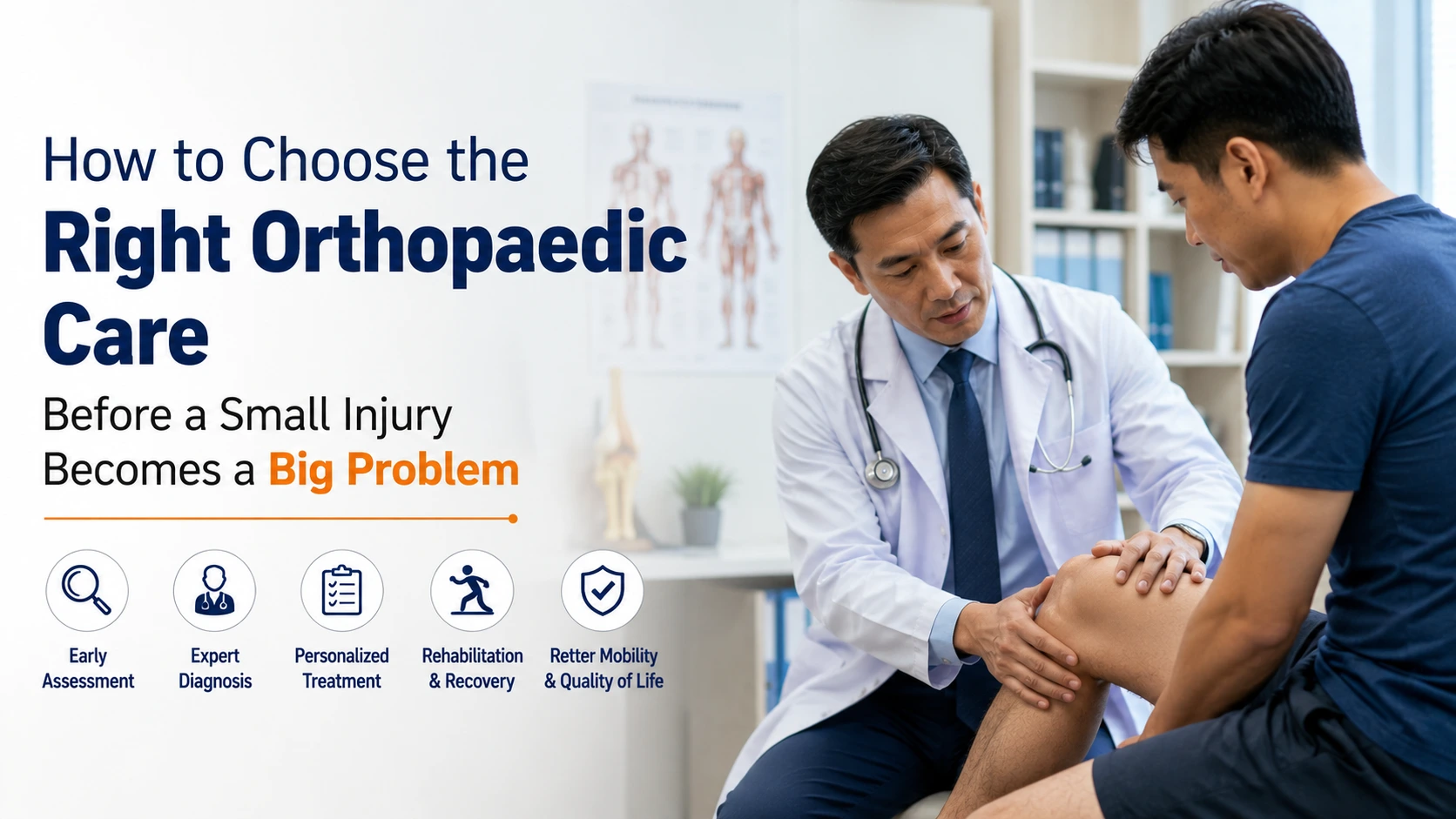 Doctor examining a patient's knee while discussing the right orthopaedic care for an injury