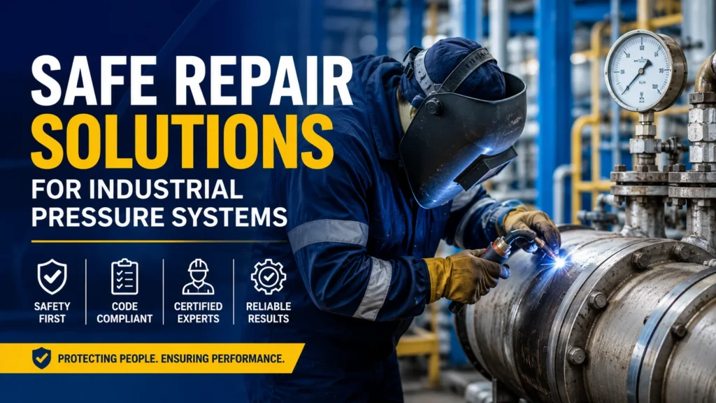 Certified industrial welder repairing a pressure vessel in a manufacturing plant while following ASME safety standards and pressure system repair procedures.