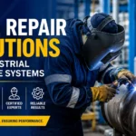 Certified industrial welder repairing a pressure vessel in a manufacturing plant while following ASME safety standards and pressure system repair procedures.