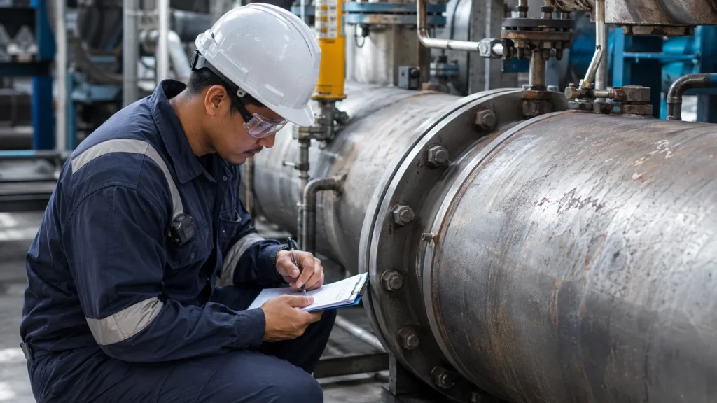 Industrial technician inspecting and repairing a high-pressure piping system following ASME safety standards and certified welding procedures.
