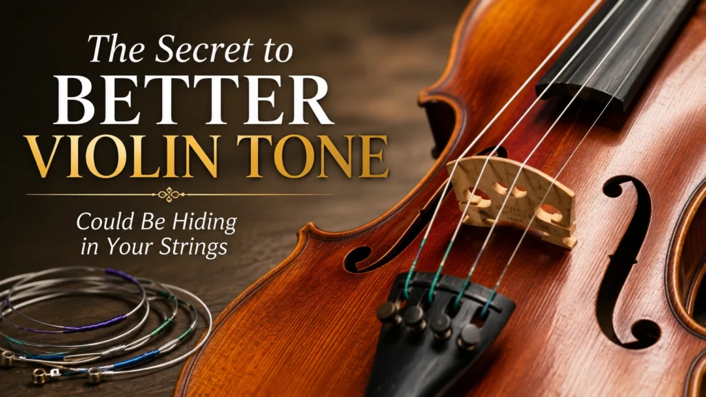 Close-up of a violin and replacement strings showing how the right strings can improve violin tone