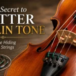 Close-up of a violin and replacement strings showing how the right strings can improve violin tone