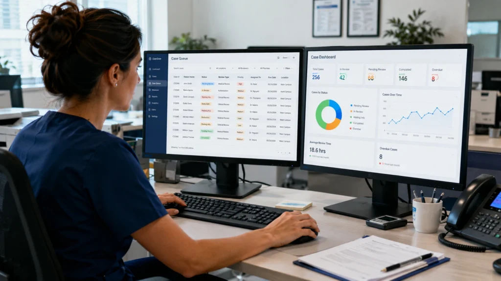 Case manager using a shared review queue dashboard to streamline hospital utilization management and patient case workflow.