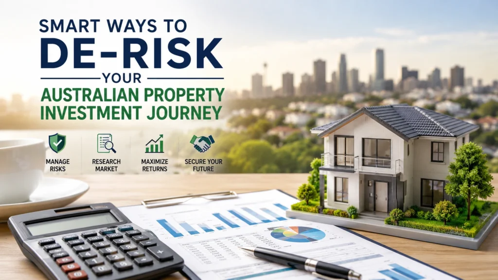 Modern Australian property investment concept featuring a model home, financial charts, calculator, and city skyline representing smart strategies to reduce real estate investment risk.