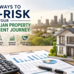 Modern Australian property investment concept featuring a model home, financial charts, calculator, and city skyline representing smart strategies to reduce real estate investment risk.