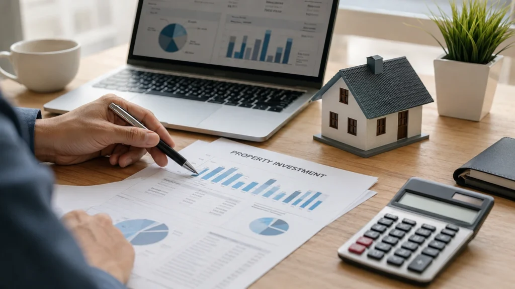 Professional reviewing Australian property investment reports with a laptop, calculator, and model house to evaluate real estate investment risks and financial planning.