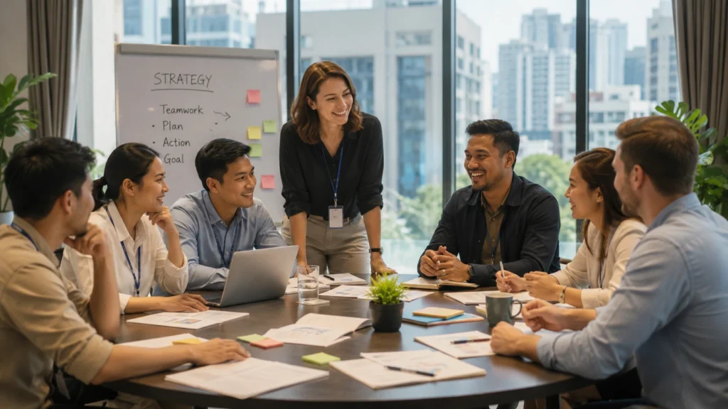 Distributed team collaborating during a strategic corporate retreat