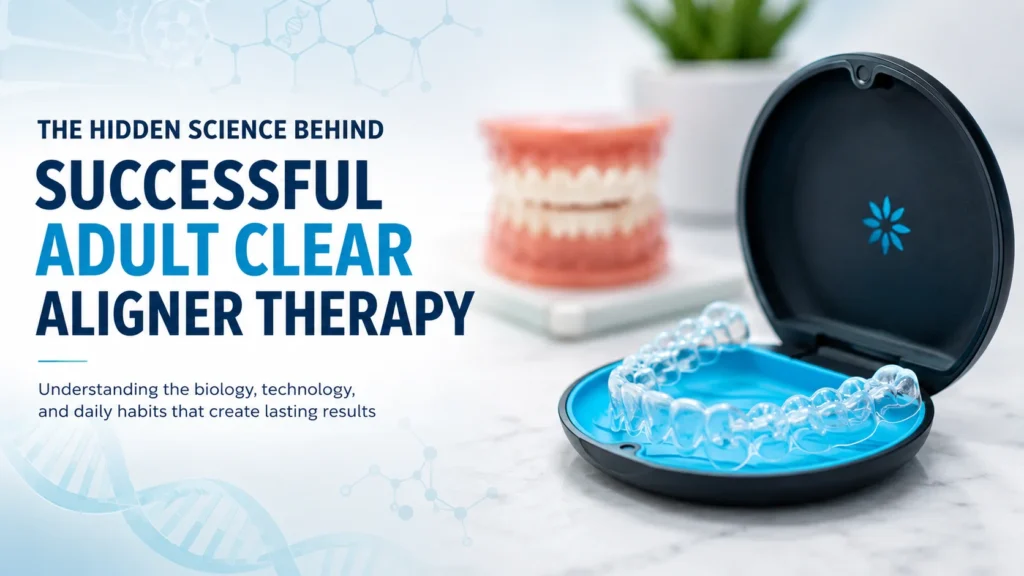 Clear dental aligner in a case representing successful adult clear aligner therapy