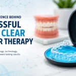 Clear dental aligner in a case representing successful adult clear aligner therapy
