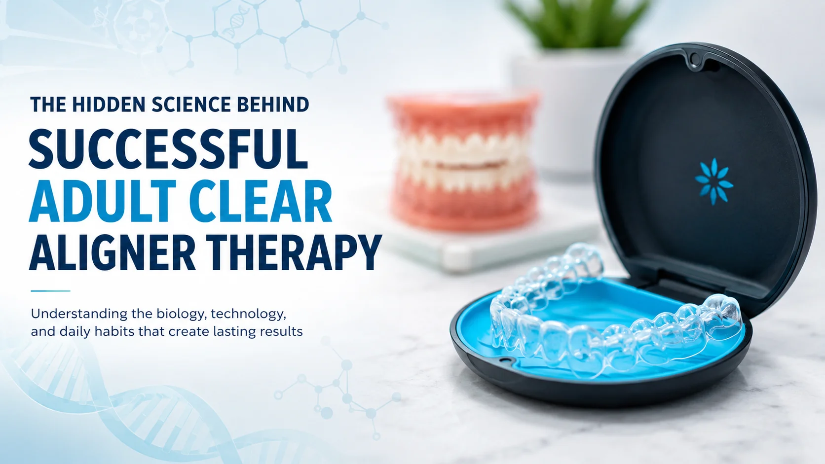 Clear dental aligner in a case representing successful adult clear aligner therapy