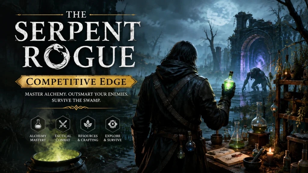 The Serpent Rogue competitive edge guide featuring an alchemist exploring a dark fantasy swamp with potions and a dangerous creature