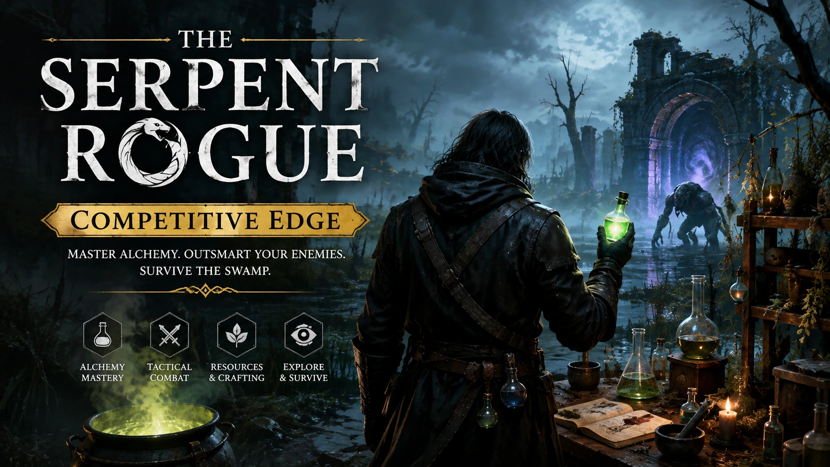 The Serpent Rogue competitive edge guide featuring an alchemist exploring a dark fantasy swamp with potions and a dangerous creature