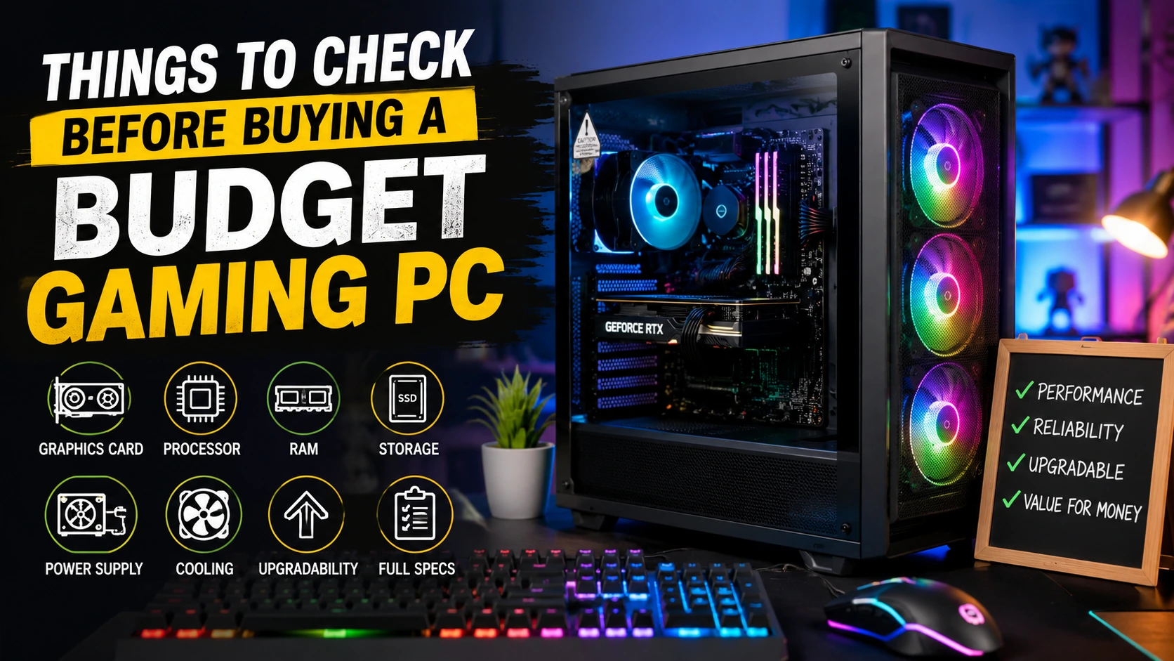 Things to check before buying a budget gaming PC, including graphics card, processor, RAM, storage, power supply, cooling, and upgradeability
