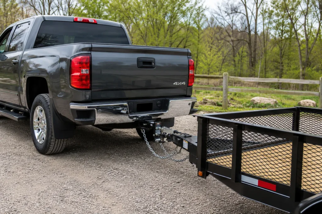pickup truck with professionally installed trailer hitch and utility trailer