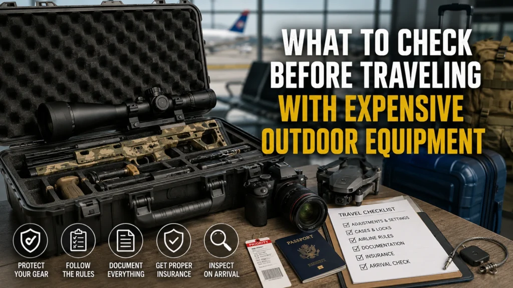 Travel checklist for protecting expensive outdoor equipment, including secure cases, airline rules, documentation, insurance, and arrival inspection