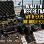 Travel checklist for protecting expensive outdoor equipment, including secure cases, airline rules, documentation, insurance, and arrival inspection