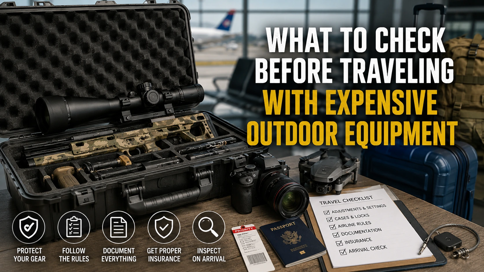 Travel checklist for protecting expensive outdoor equipment, including secure cases, airline rules, documentation, insurance, and arrival inspection