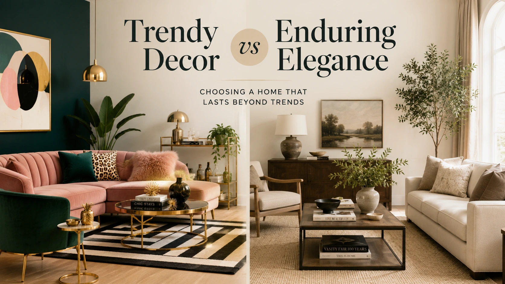 Split-screen comparison of trendy decor and enduring elegance in modern interior design