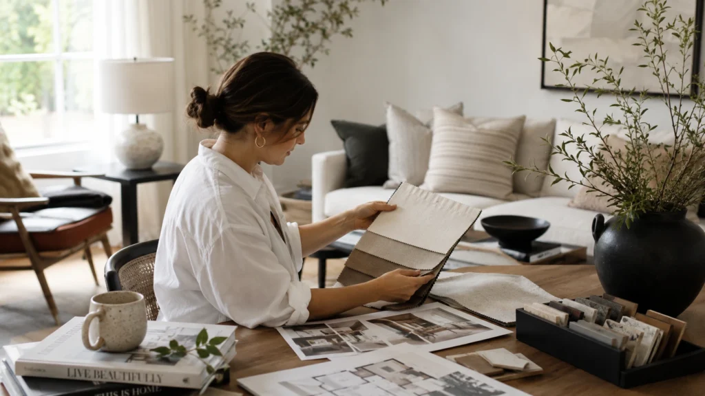 Interior designer comparing neutral materials and fabrics for a timeless and elegant home design