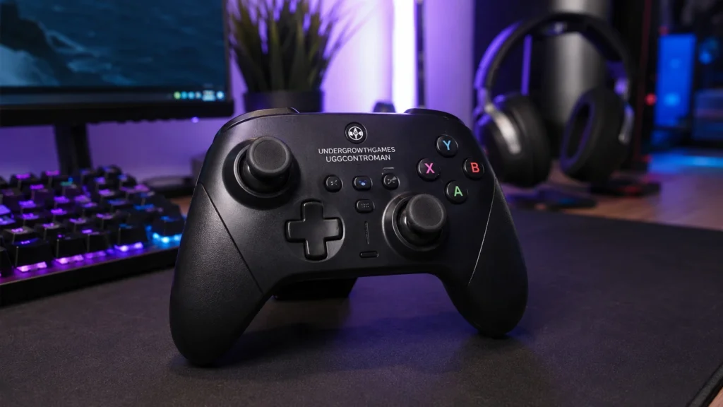 UndergrowthGames custom controller UGGControMan on a gaming desk