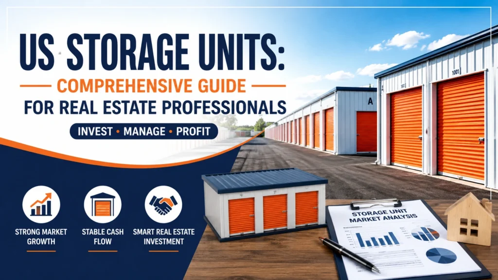 US storage units comprehensive guide infographic featuring modern self-storage facilities, investment insights, market growth, and real estate strategies for professionals.