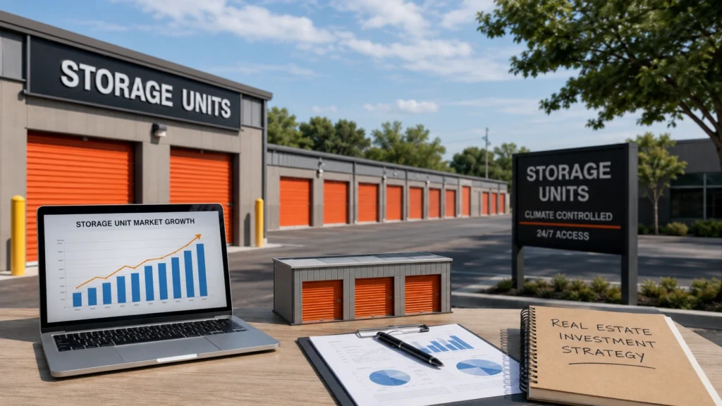 Modern US storage unit facility with market analysis charts and investment planning tools for real estate professionals exploring self-storage opportunities.
