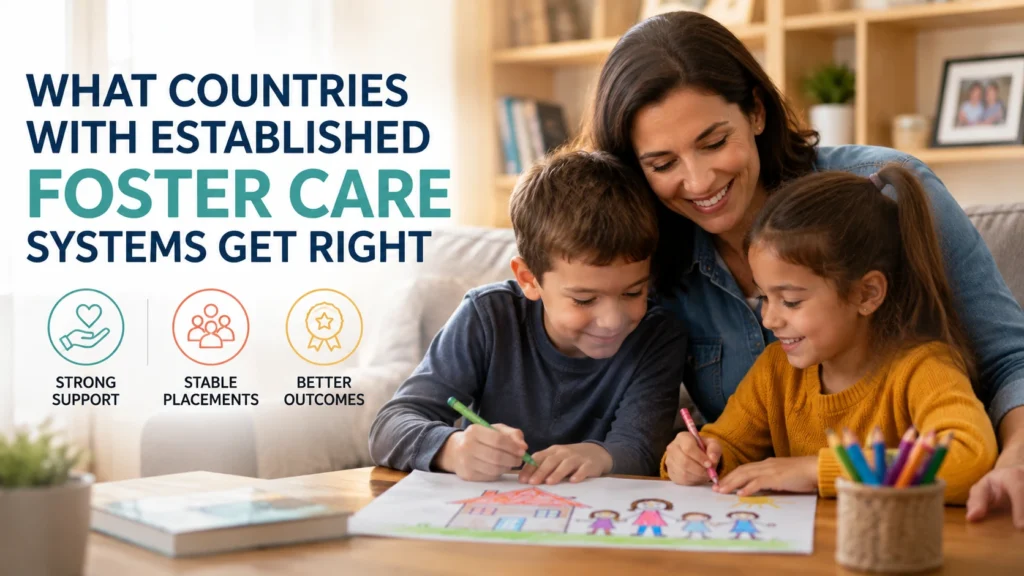 Feature image showing a foster parent supporting two children during a creative activity, representing the key strengths of established foster care systems, including stability, ongoing support, and positive child outcomes.
