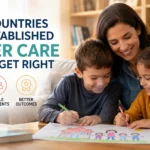 Feature image showing a foster parent supporting two children during a creative activity, representing the key strengths of established foster care systems, including stability, ongoing support, and positive child outcomes.