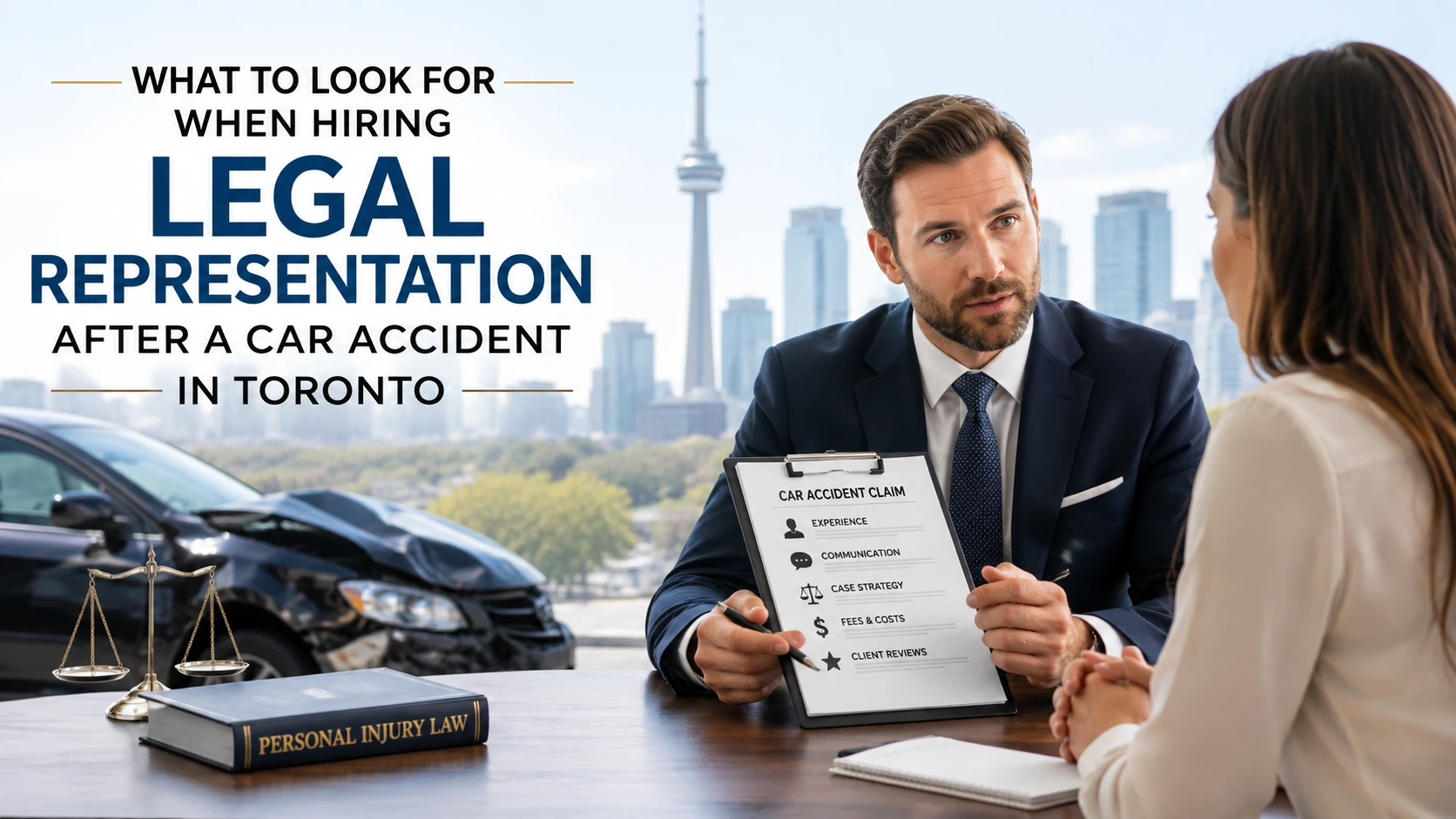 Experienced Toronto car accident lawyer consulting with a client about legal representation, insurance claims, and personal injury rights after a motor vehicle collision.