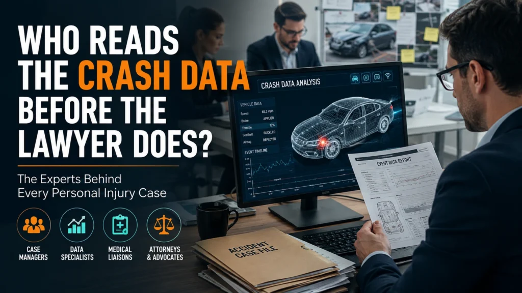 Crash data specialist analyzing vehicle accident evidence before a personal injury lawyer reviews the case
