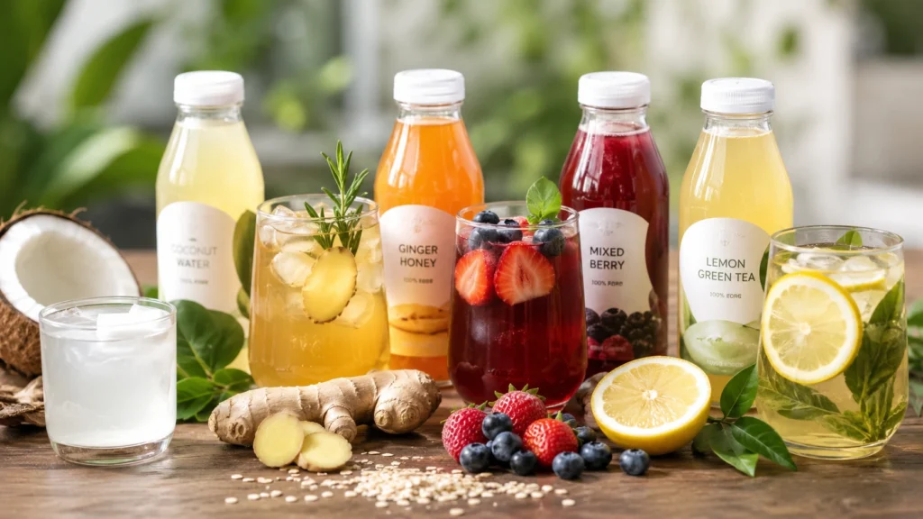 Assorted healthy beverages made with recognisable food ingredients including coconut, ginger, berries, lemon, green tea, and fresh fruit displayed on a wooden table.
