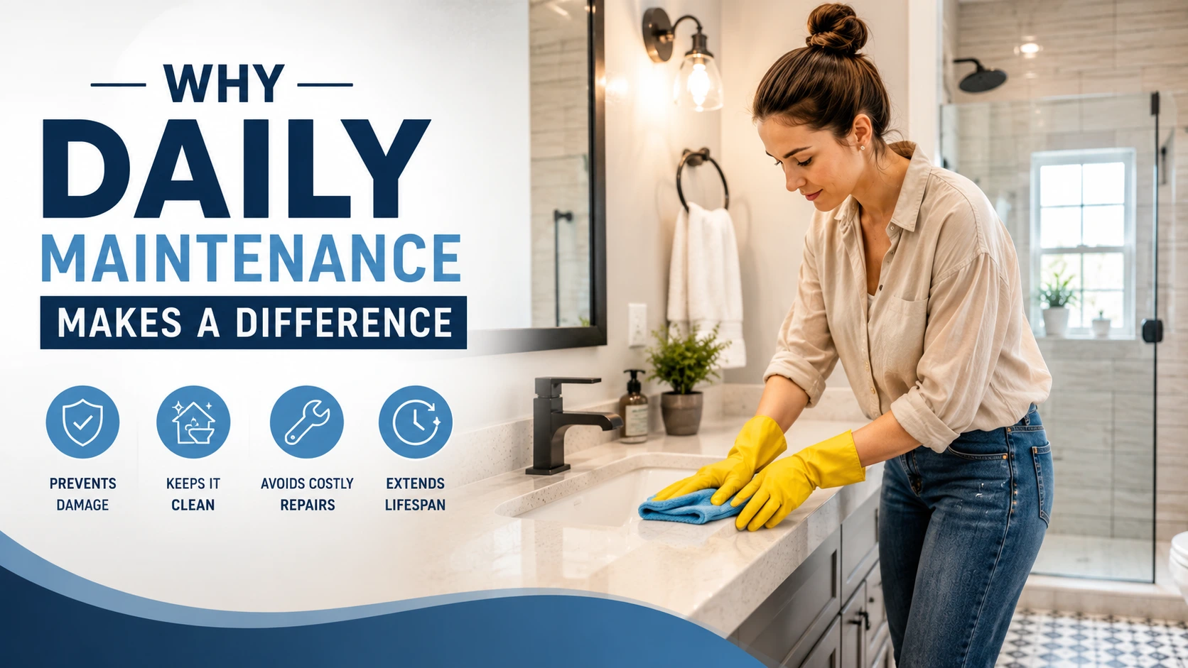 Modern bathroom with a homeowner performing daily maintenance by cleaning the sink, illustrating how regular care prevents damage, mold, and costly repairs.