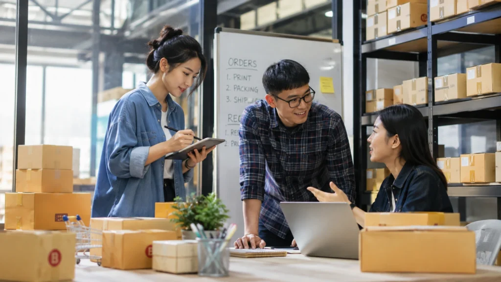 Thai startup team managing inventory with flexible warehouse storage and logistics solutions for e-commerce business growth.