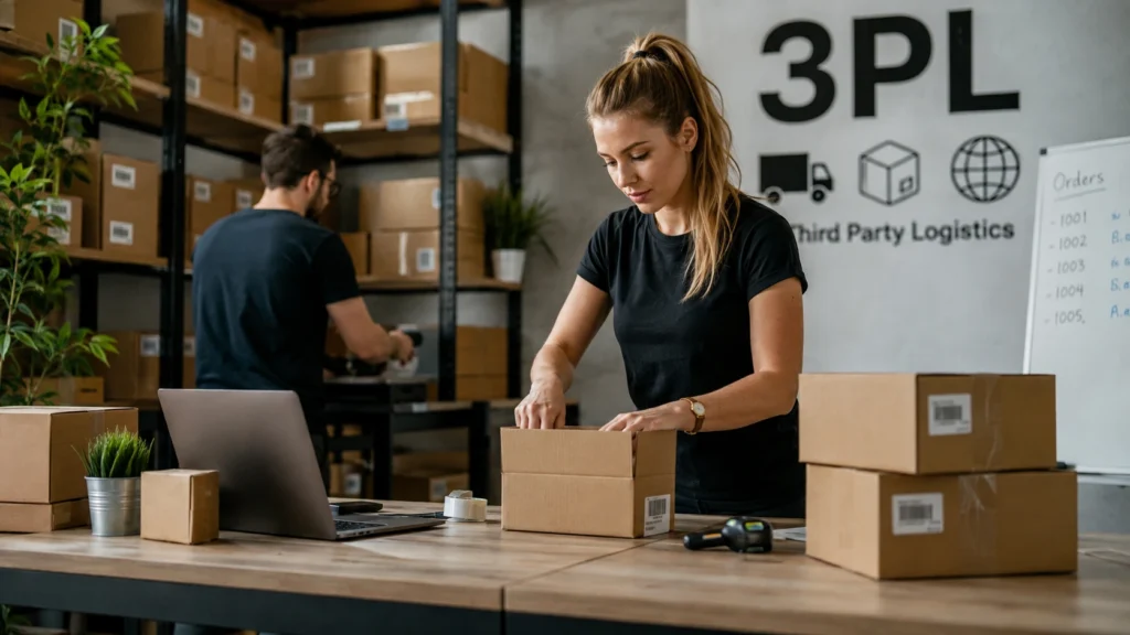 Startup team using 3PL services to pack and fulfill ecommerce orders efficiently in a modern warehouse