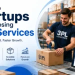 Modern warehouse fulfillment center showing 3PL services helping startups streamline order processing, shipping, and business growth.