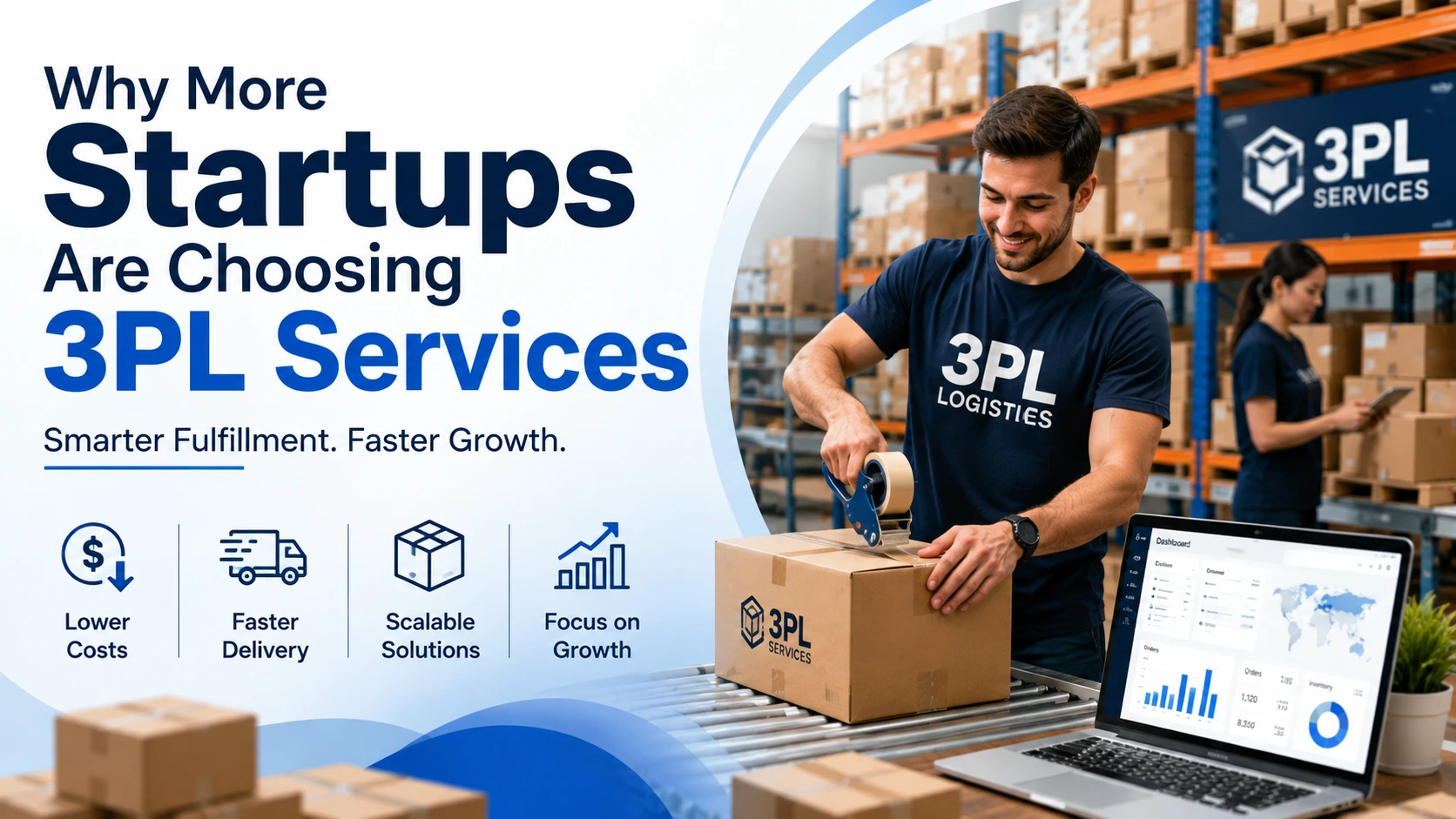 Modern warehouse fulfillment center showing 3PL services helping startups streamline order processing, shipping, and business growth.