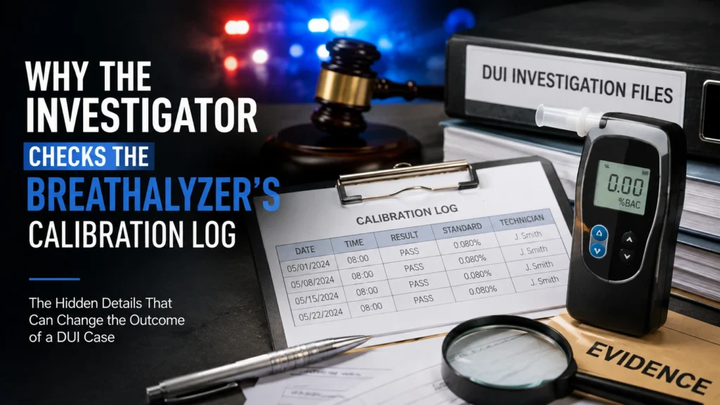 Feature image showing a breathalyzer, calibration log, and DUI investigation documents illustrating why investigators review breathalyzer calibration records in DUI cases.