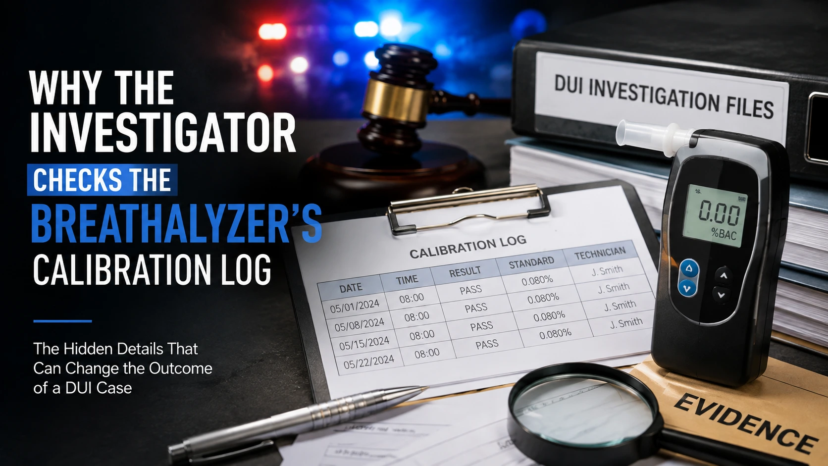 Feature image showing a breathalyzer, calibration log, and DUI investigation documents illustrating why investigators review breathalyzer calibration records in DUI cases.