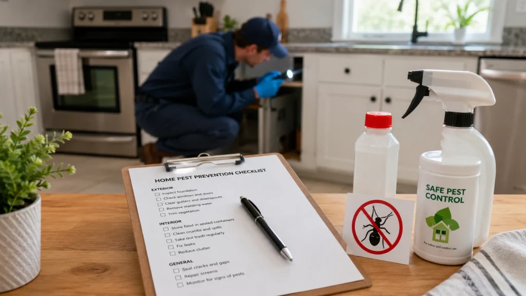 Home pest prevention checklist with a pest control inspector examining a kitchen for potential pest problems